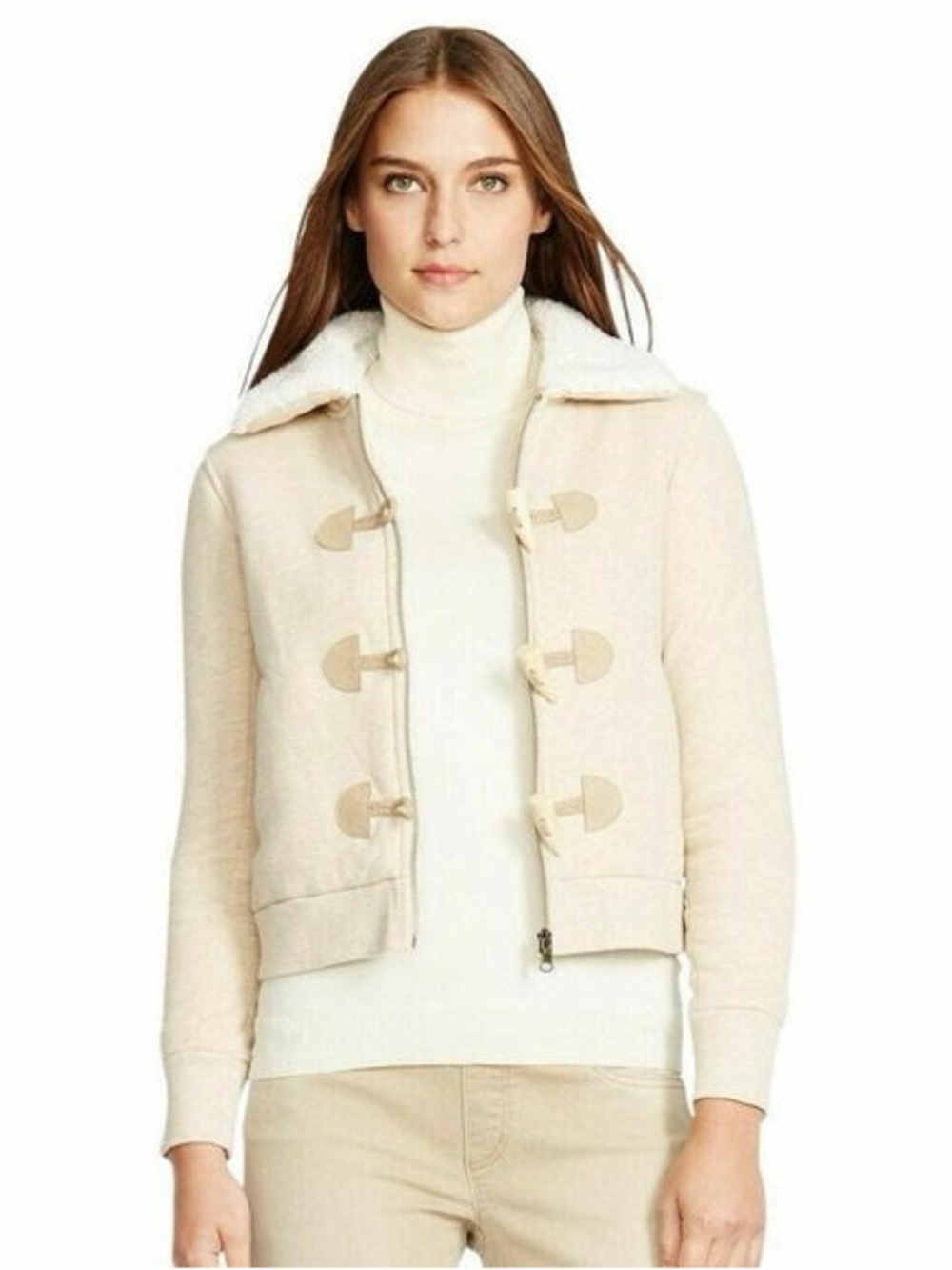 Lauren Ralph Lauren beige cotton knit faux shearling toggle jacket size large
